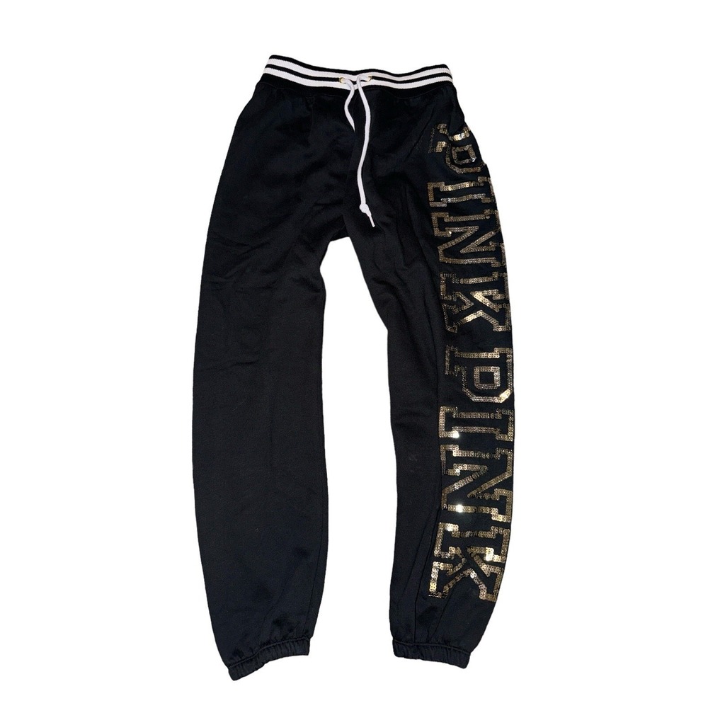 PINK Victoria's Secret Sweatpants Womens XS Black Gold Sequin Logo Joggers